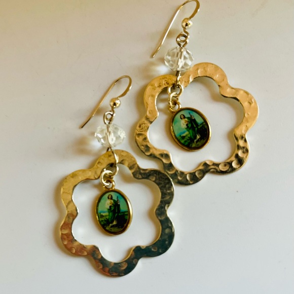 SOLD St. Jude Hammered Silver Dangle Earrings - Picture 15 of 16